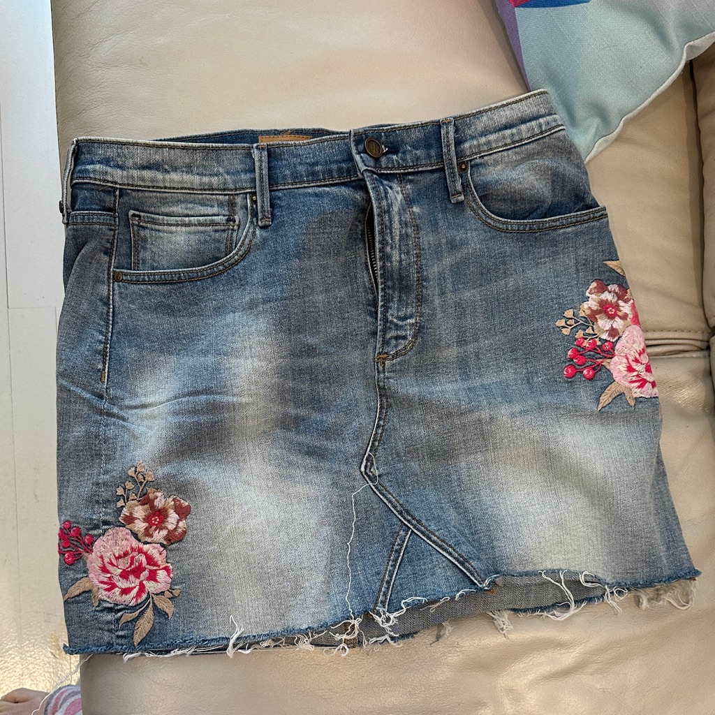 Driftwood Denim Mini Skirt With Pink Floral Embroidery